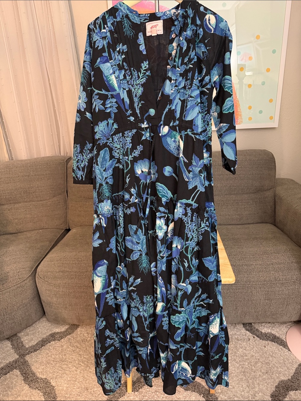 Banjanan Black Maxi Dress with Blue Floral & Bird Print